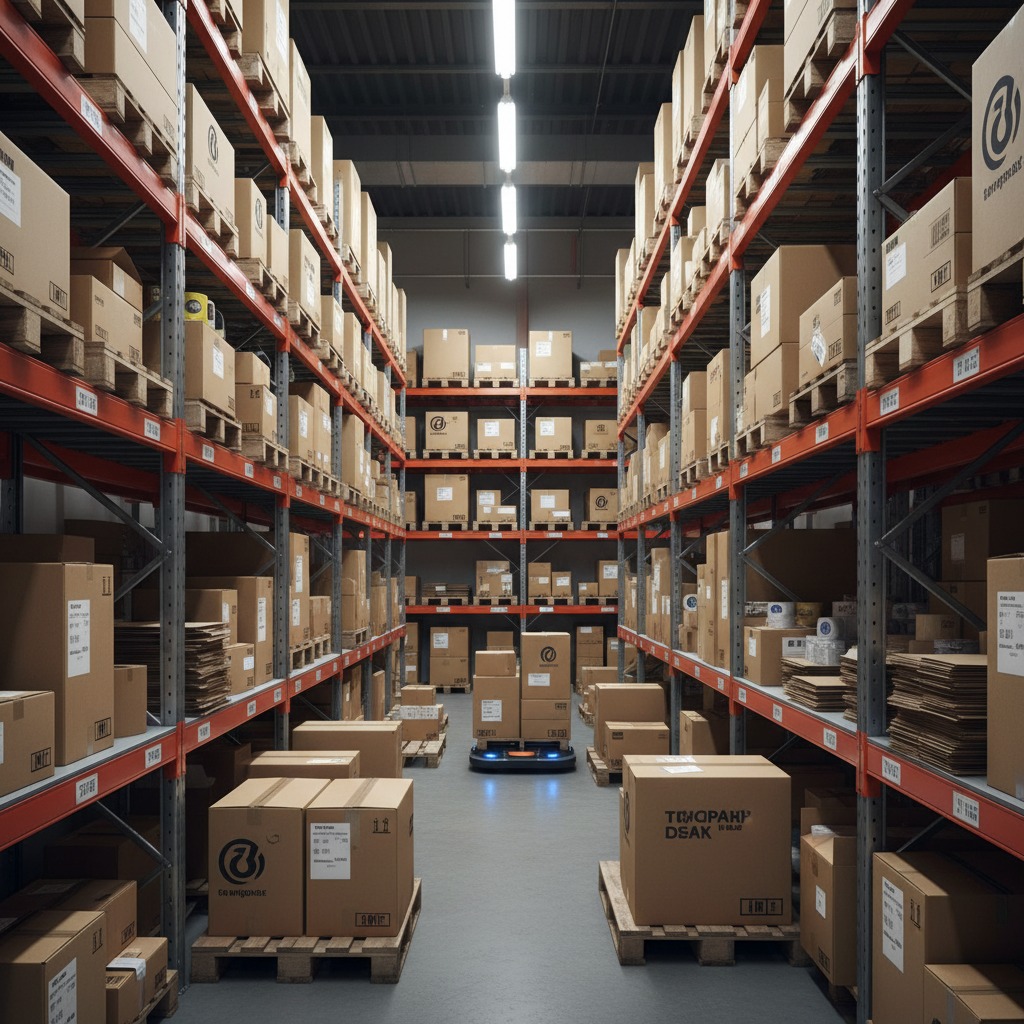 An autonomous mobile robot navigates the aisle of a warehouse filled with tall metal shelving units stacked with cardboard boxes.